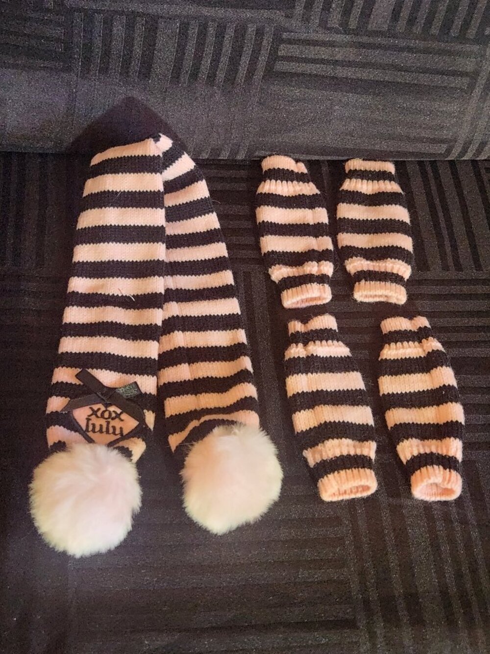 Lulu Pink Dog Scarf & Leg Warmers Set Striped Pom Pom Small Pet Outfit